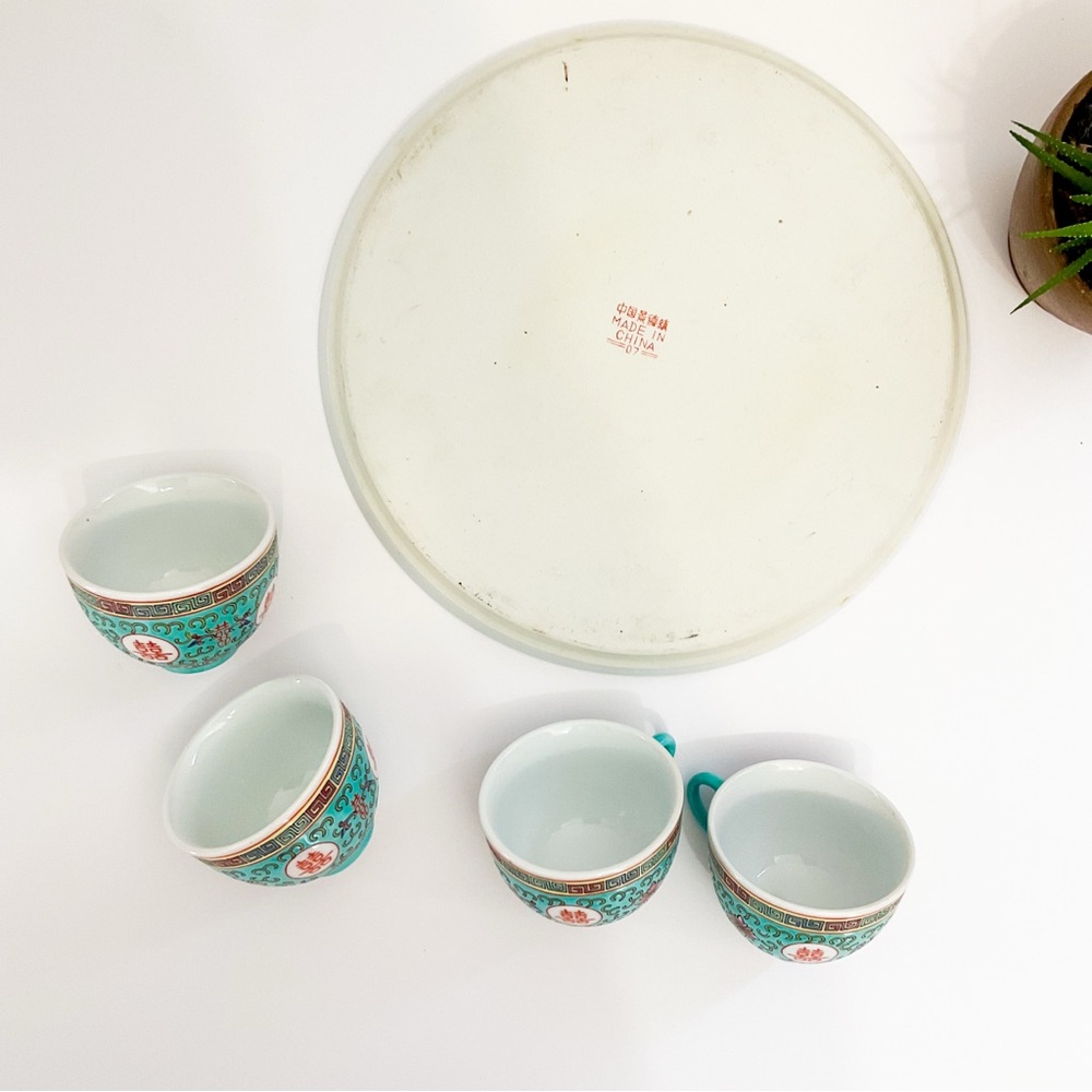 VINTAGE Chinese Export Porcelain Tea Set Teal Gold Longevity Symbol Bone China - Picture 11 of 11